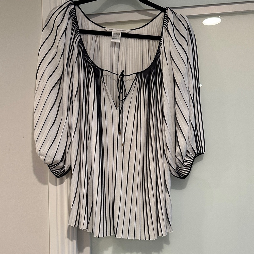 Diane Von Furstenberg Black and White Striped Pleated Blouse